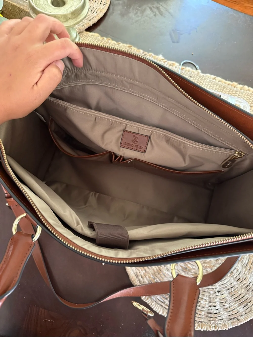 Bostanten- Machk Vintage Style Leather Briefcase- Beige/Brown